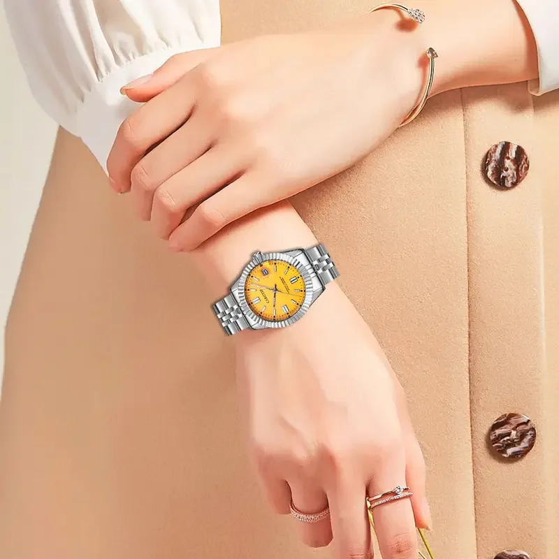 New Mechanical Watch for Women  Fashion Elegant Calendar Yellow Surface Exquisite and High end Women Mechanical wrist watches