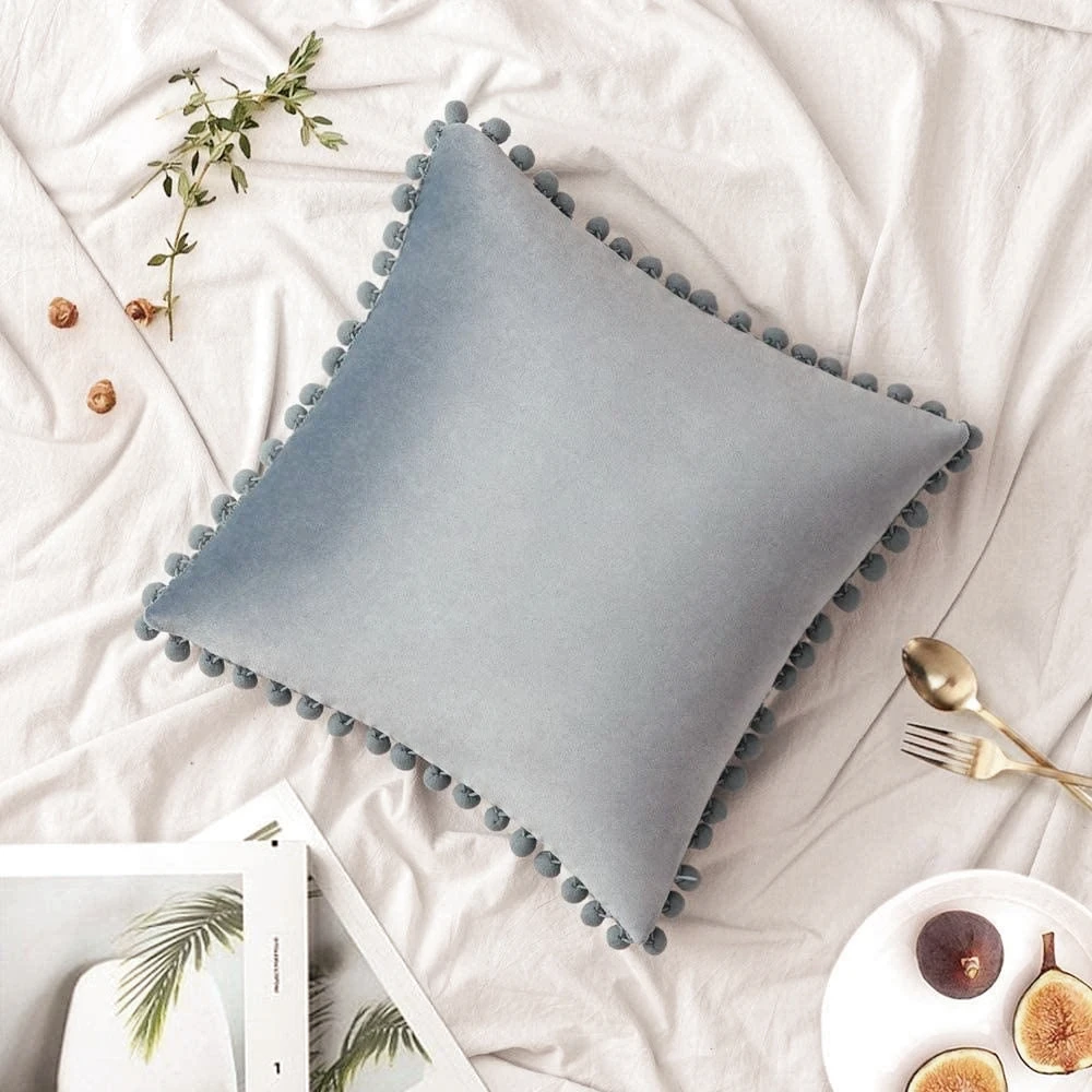 1pc Velvet Pompom Cushion Cover 40*40cm Decorative Pillowcase Grey Color Sofa Throw Pillow Cover for Living Room Bedroom Office