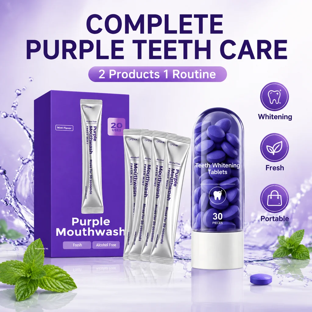Purple Toothpaste Tablets Portable Mouthwash Sachet Mint Fresh Breath Gentle Teeth Cleaning Stain Removal Comfort Oral Care Kit