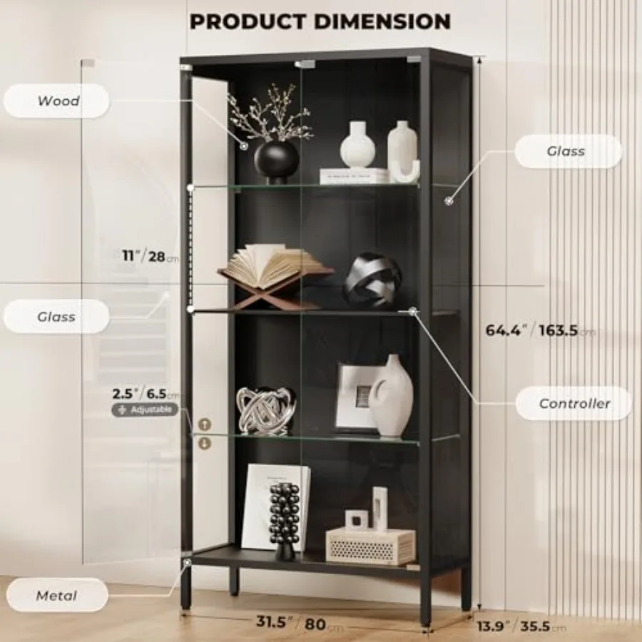 Auro Home 4-Tier Display Cabinet for Living Room Use, Black MDF Material with 3-Color LED Light Human Body Sensor