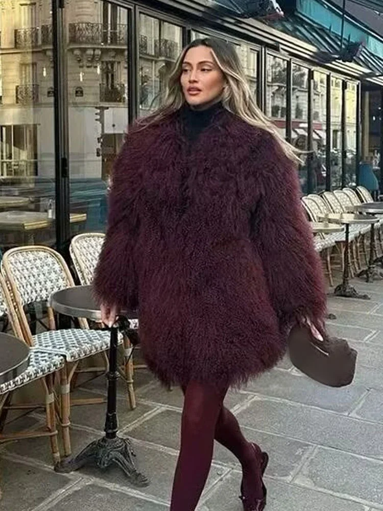 HH Giacche da donna in pelliccia sintetica maniche lunghe larghe colletto rovesciato caldo cappotto lungo invernale femminile vino rosso capispalla casual vintage