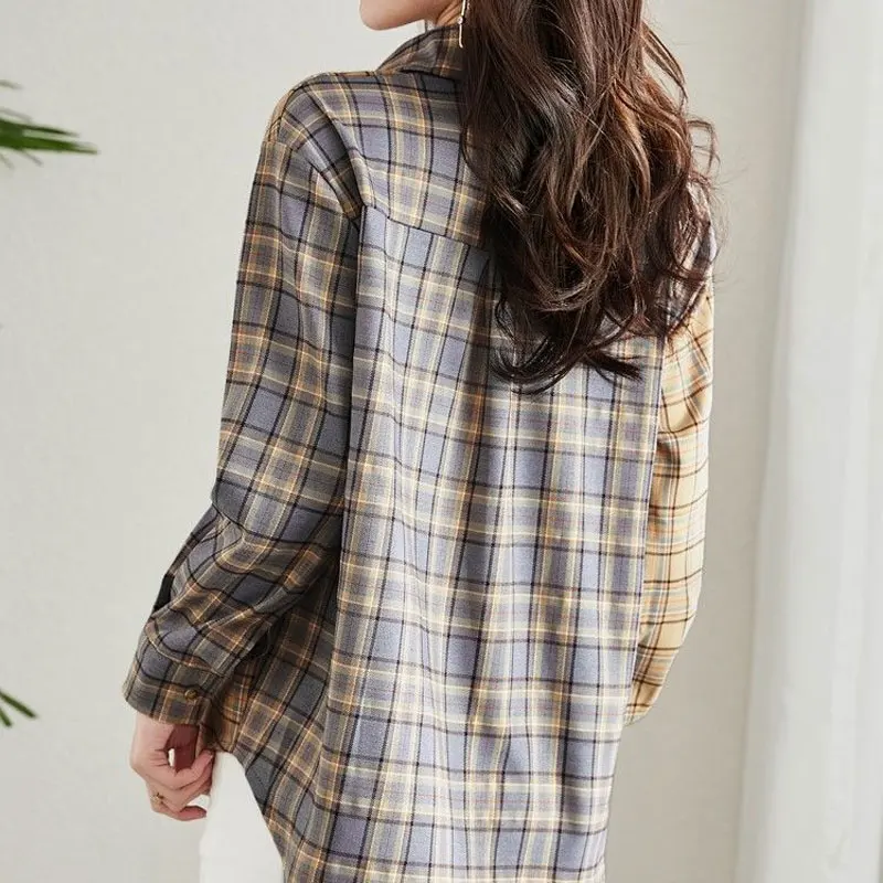 Commute Plaid Asymmetrical Blouse Casual Pockets Spliced Female Clothing Turn-down Collar Spring Autumn Single-breasted Shirt