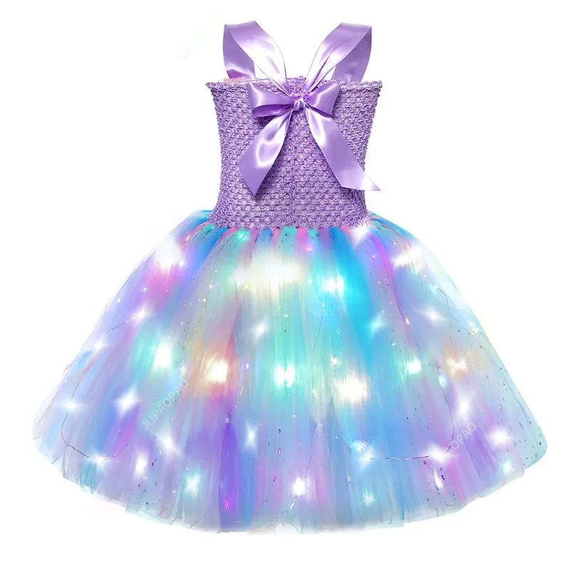 New Pricness Girls Mermaid Tutu Dresses with LED Lights Sea Theme Party Starfish Ariel Cosplay Costumes Purple Ball Gown Dress