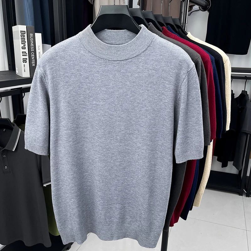 Herren Einfarbige Mock-Neck Kurzarm-Strick-T-Shirts Lässige Basis-Oberteile Weich Dehnbar Knitterfrei Für Alle Jahreszeiten Geeignet – Detail 20