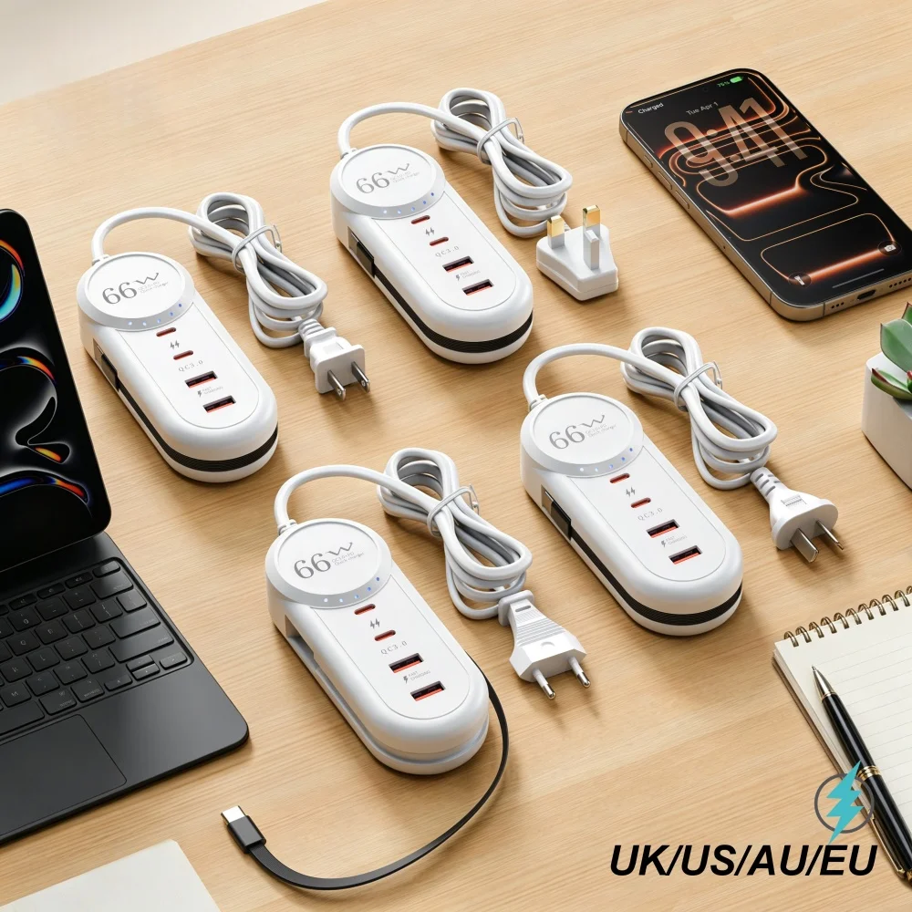 66W 4 Ports Type C USB Charger Hub Multi Function Extension Adapter Fast Charging Desktop Power Socket For iPhone Xiaomi Huawei