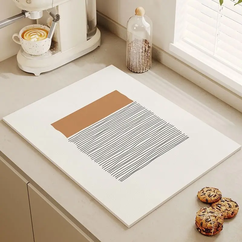 Warm Coffee Rice White Abstract Kitchen Drainage Mat, Anti Slip Coffee Machine Tableware, Protection Mat