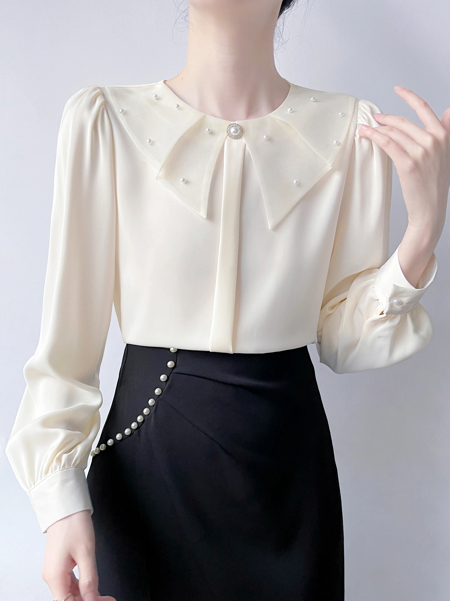 

Женская атласная блузка Ele Long Sve с воротником-стойкой в корейском стиле, украшенная жемчугом, из полиэфирного волокна, для делового стиля