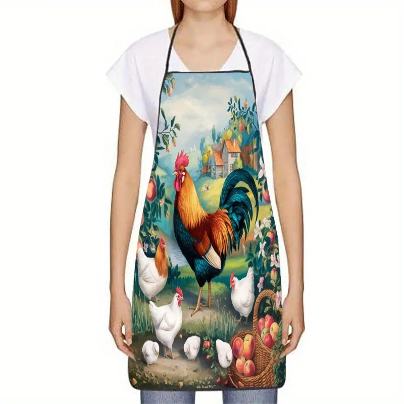 1pc Rooster & Chickens Orchard Print Polyester Apron - Chicks, and Fruits - Perfect for Home Kitchen Baking and Cooking