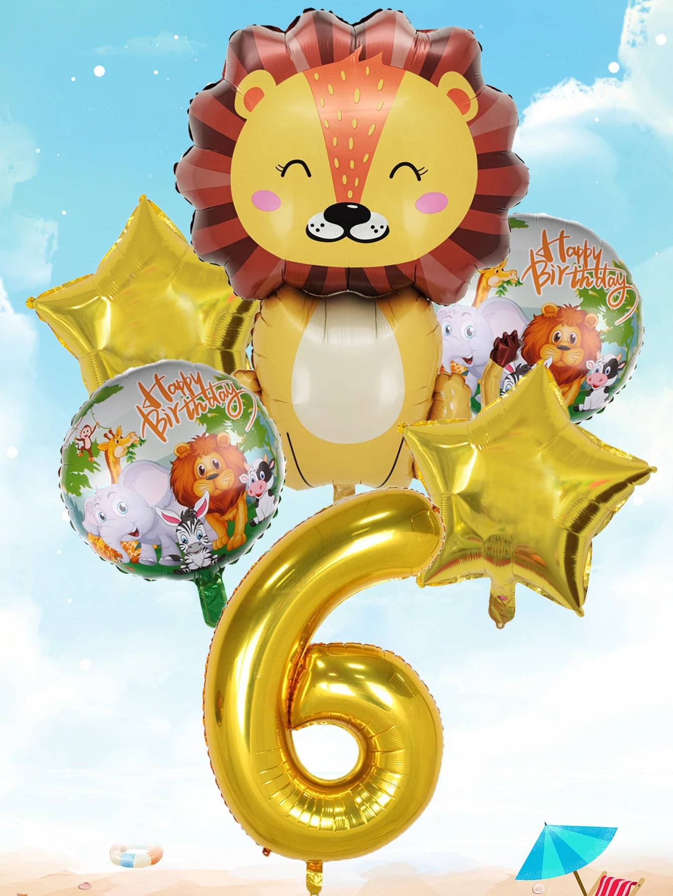 6pcs Gold Large Lion Number Foil Balloons Animal Helium Balloon Children\'s Birthday Party Decorations Kids Inflatable Toys