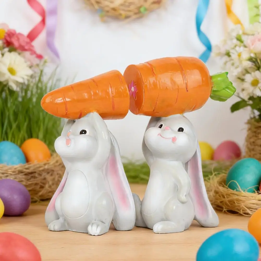 Rabbit Garden Ornament Outdoor Decor 2pcs Hand-painted Rabbit Figurine Set Resin Bunny Statue with Carrot Easter Holiday Party