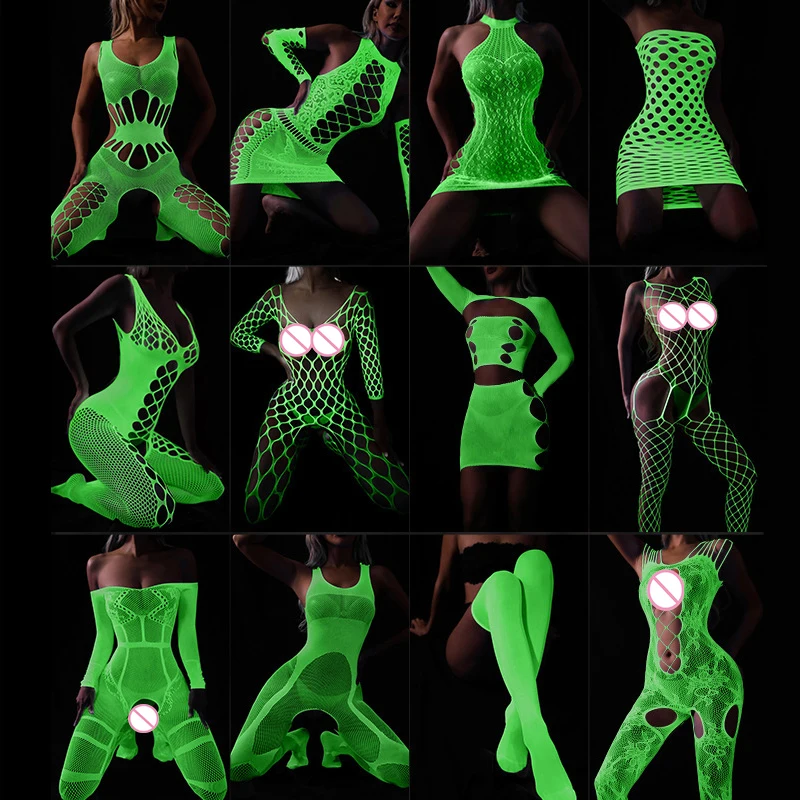 Luminous Sexy Bodysuit See Through Hollow Out Net Clothing Sexy Lingerie Mesh Sex Costumes For Mesh Dress Underwear Bondage