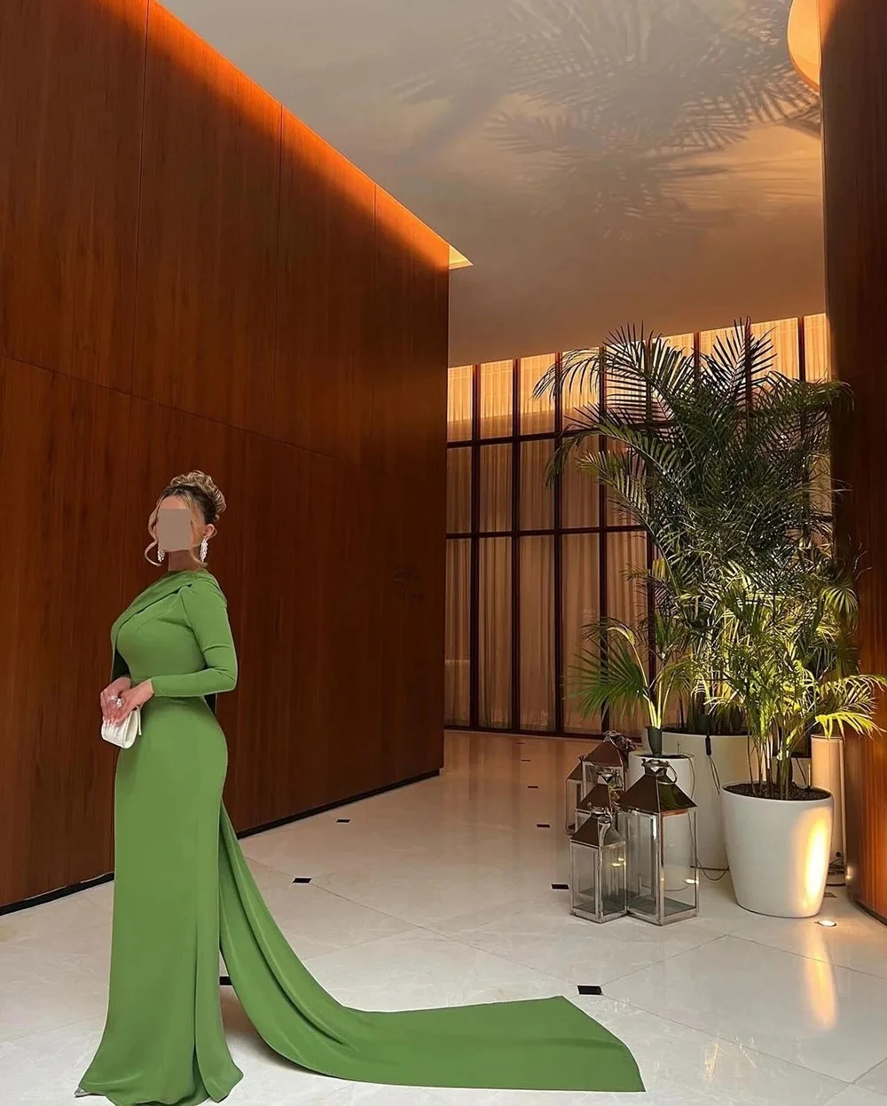 Abito da sera formale moderno a sirena verde con scollo a O a maniche lunghe in raso arabo con spettacolo di ballo di fine anno Abiti da festa di Natale Robe De Soiree