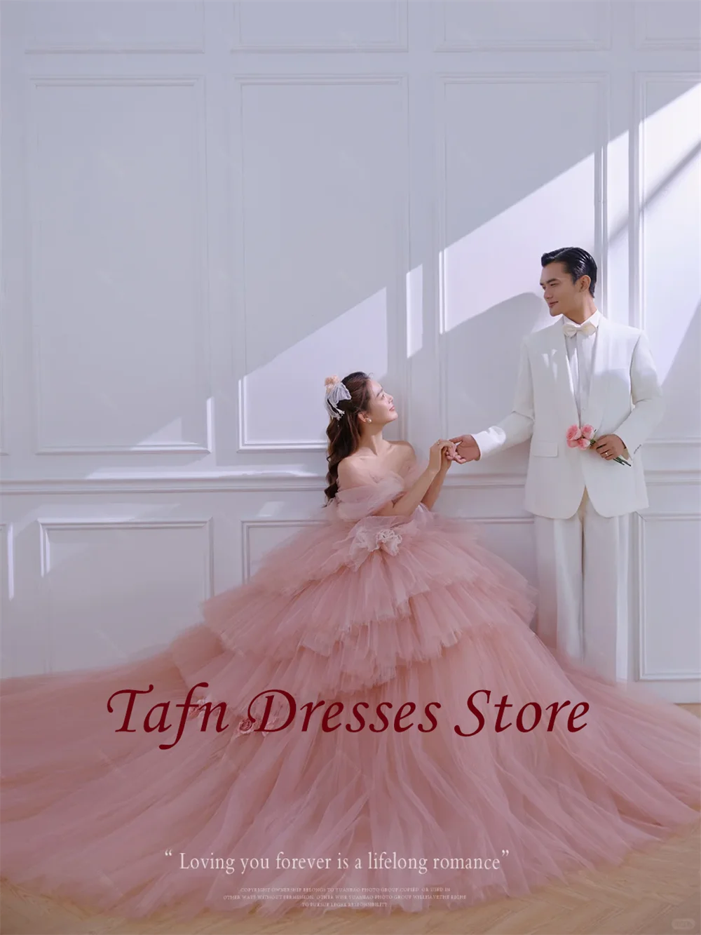 TAFN 2025 New Korea Wedding Shooting Dresses Pink Tulle Off the Shoulder Tiered Pleat Princess Bridal Gown Sweep Train