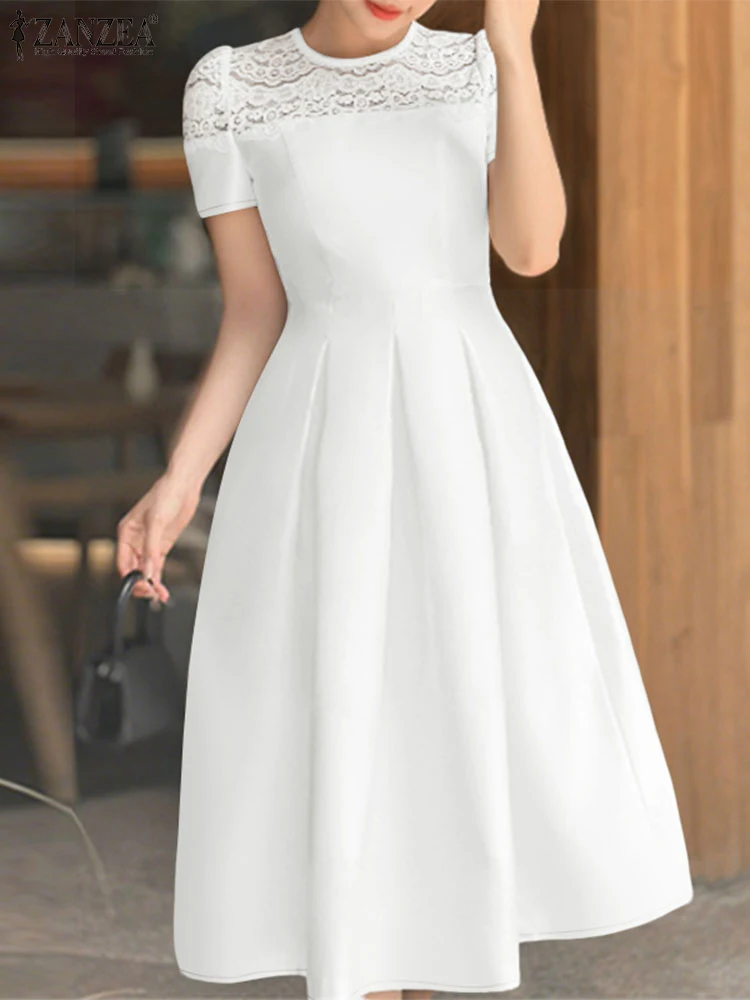 ZANZEA moda encaje Patchwork A-Line Vestidos mujer elegante cuello redondo manga corta cintura alta Midi batas plisadas Vestidos de fiesta