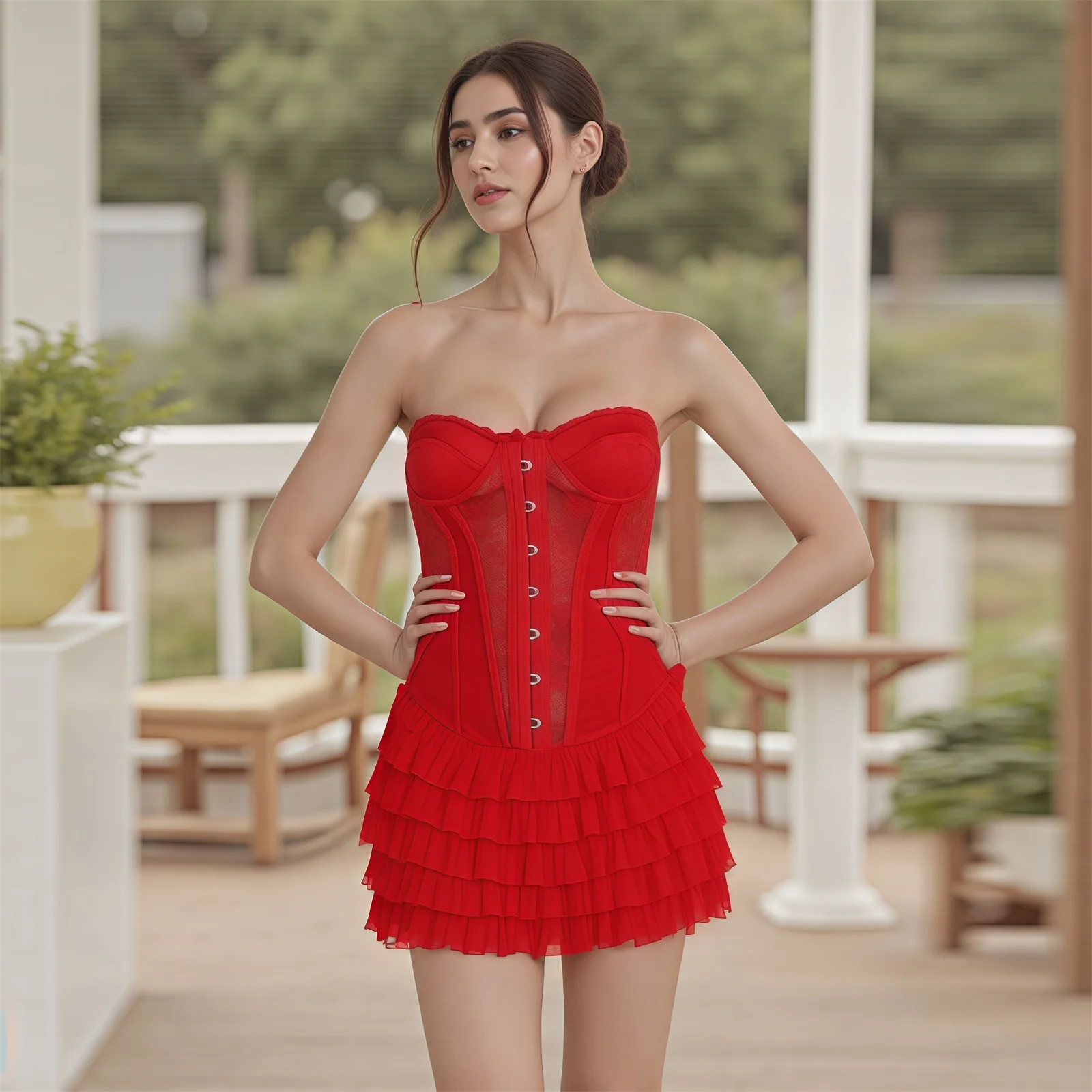 Moda mujer vestido con corsé sin tirantes verano transparente en capas volantes Mini vestido Sexy elegante cóctel vestido de playa