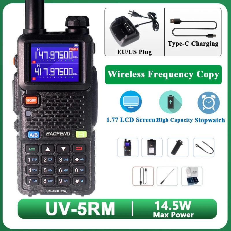 Baofeng UV-5RM Type C USB Charging 136-174MHz 220-240MHz 400-520MHz Multi Bands 999 Ch Wireless Frequency Copy FM AM NOAA Radios