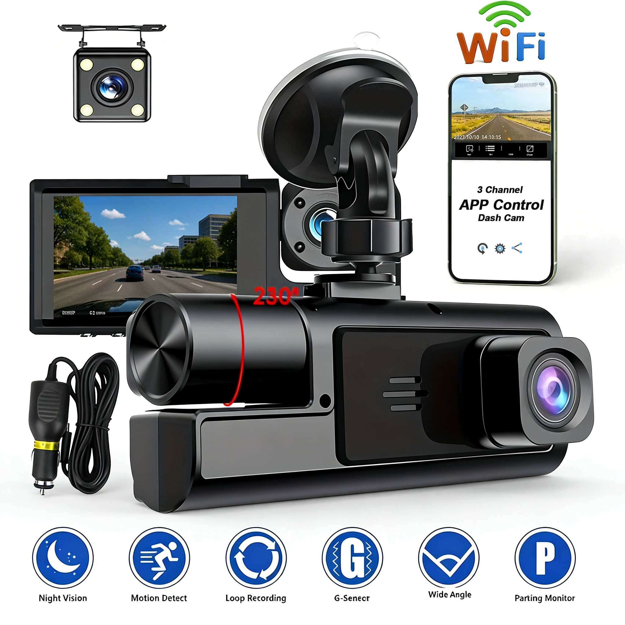 

Автомобильный видеорегистратор 1080P с Wi-Fi, тремя камерами (передняя, задняя, салонная), инфракрасным ночным видением, круглосуточным режимом парковки, G-сенсором, циклической записью и функцией черного ящика