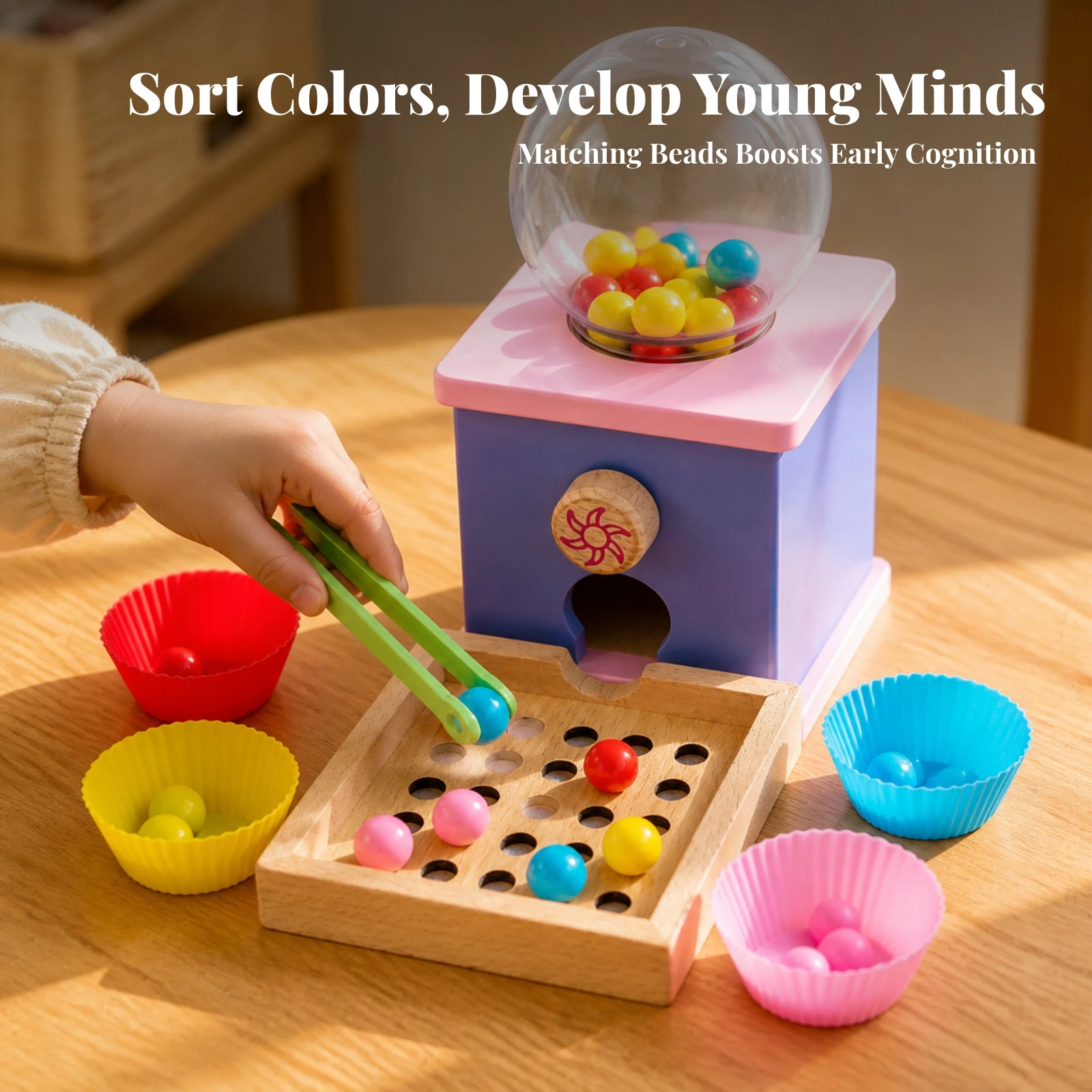 Children's Game Educational Wooden Color-Sorting Game with Gumball Dispenser Fine Motor Skill Toy with Grabbing Tongs Preschool