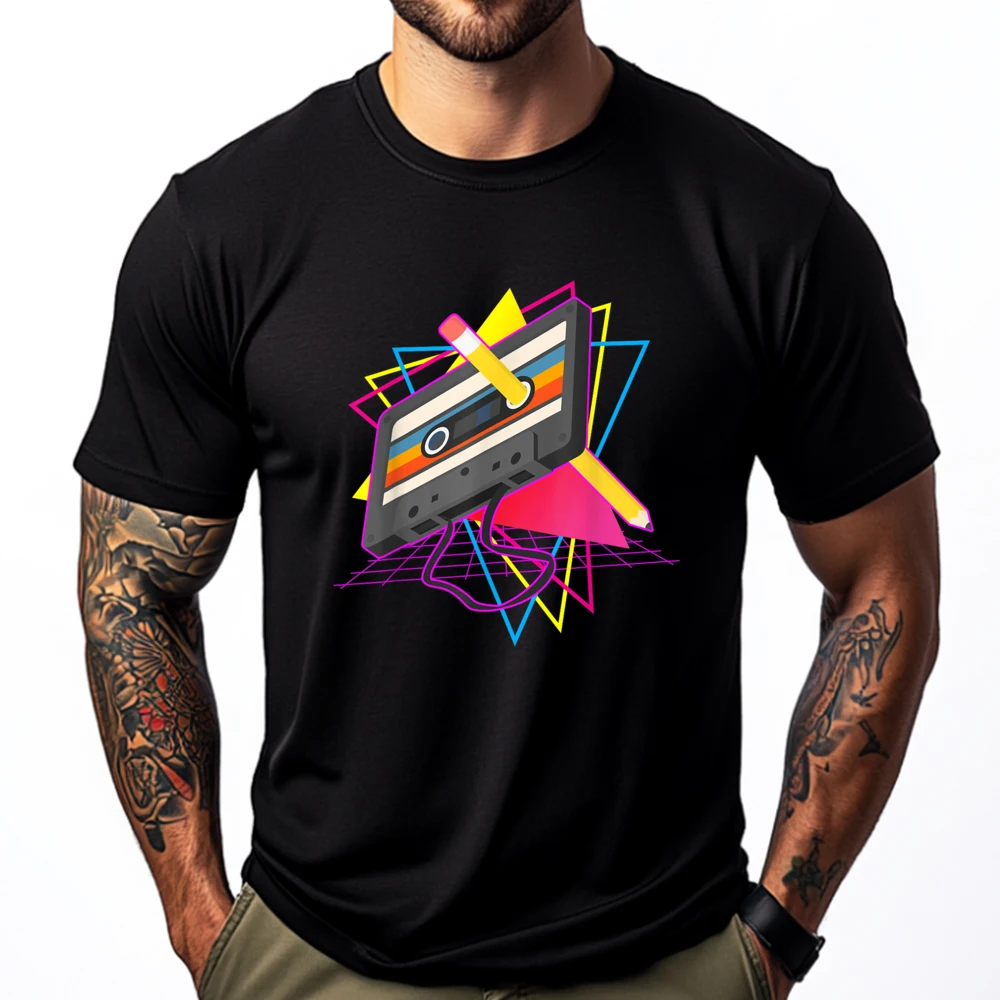 

Retro Cassette Tape Pencil 70 80 90 Music Mixtape Graphic T Shirts 100% Cotton Men's Clothing Punk Style