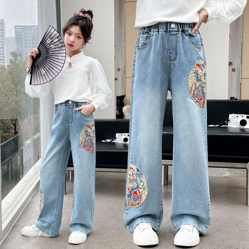 UNITIM Herbst Kinder-Jeans mit Liebes-Stickerei, Gerade Hosen für Junge Mädchen, Lose Elastische Taille, Denim-Hosen für Junge Teenager-Mädchen – Detail 9