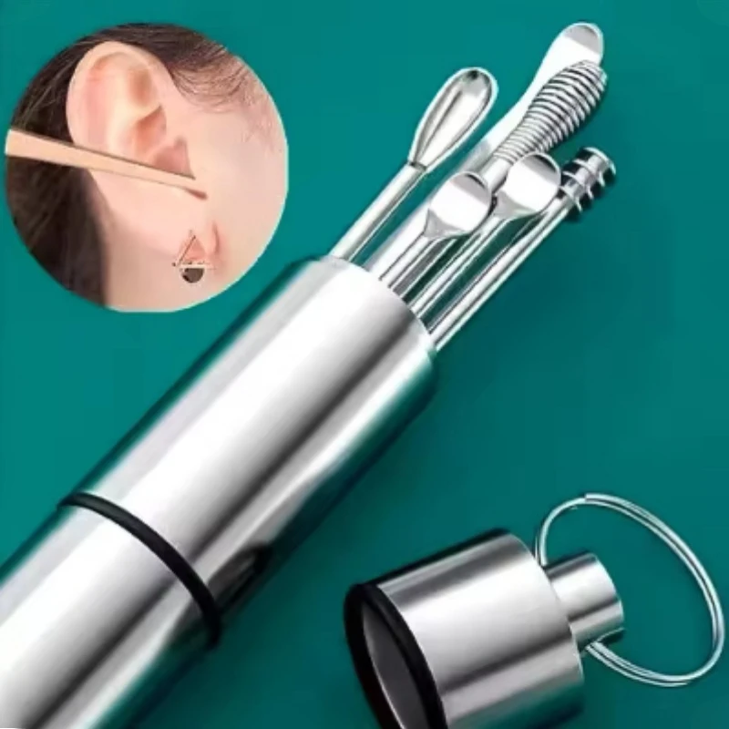 6 Piece Earpick Stainless Steel Ear Digging Tool Set Spiral Wax Remover For Perforation Cleaning Kit Cleaning Agent