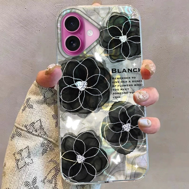 Marmor Schwarz Lila Rose Blumen Handyhülle für iPhone 16 15 14 13 12 Pro Max Plus 11 16E 7 8 SE 2020 2022 X XS XR Cover Mädchen