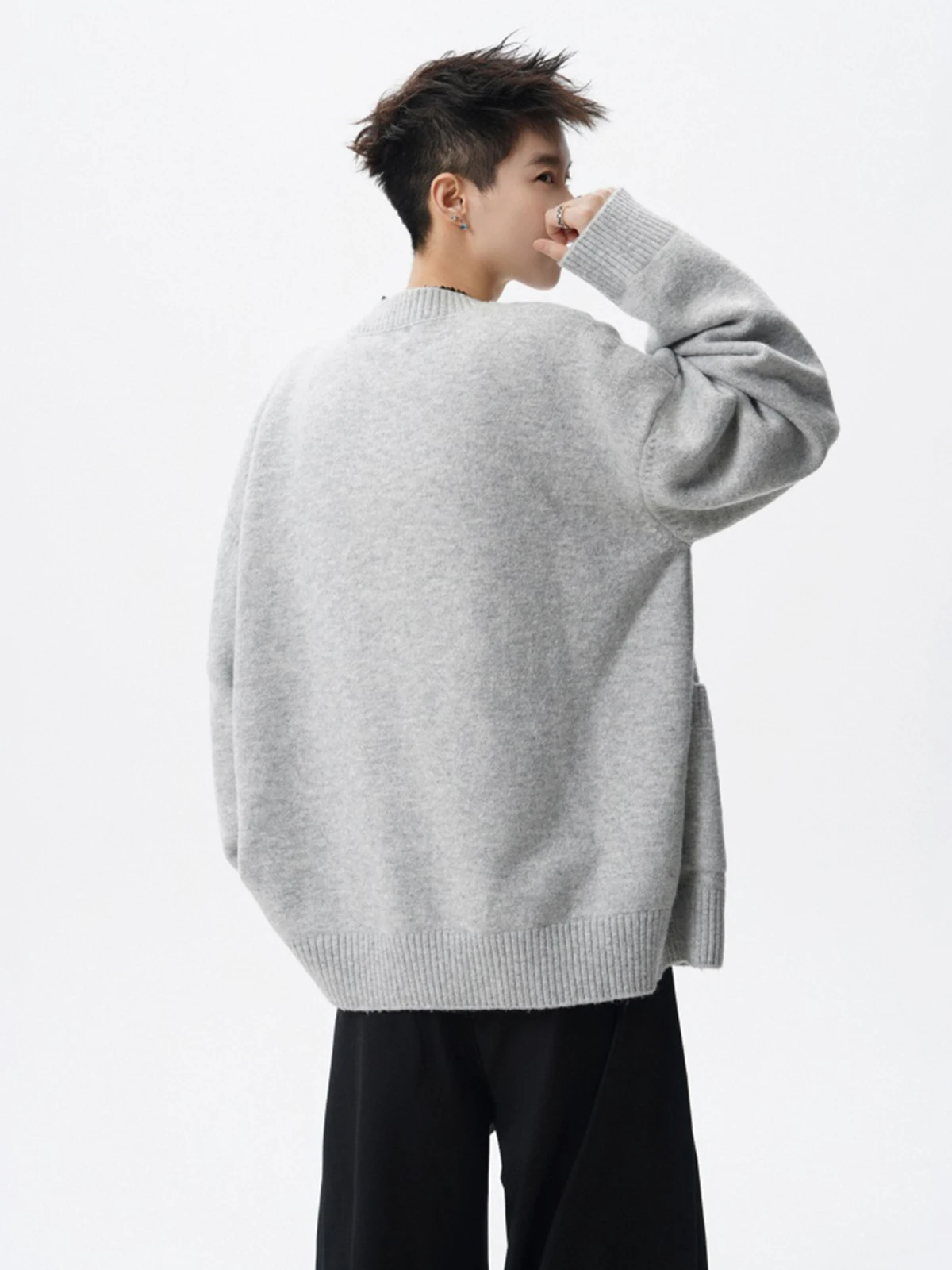 Spring and Autumn New American Retro Men's Light Gray Cardigan Sweater Couple High Street Large Pocket Casual Dark Gray Cardigan