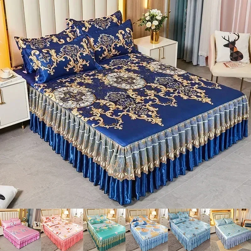 

Lace Fitted Bed Sheet Luxury Bedspread Sheet Sets-style Embroidery Bed Skirt with Pillowcases Bed-decoration Bed-skirts Queen