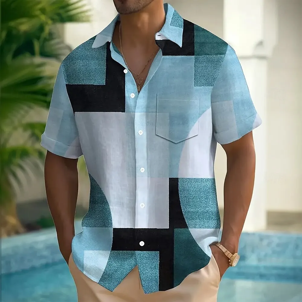 Men's geometric color block patchwork shirt Button shirt Short-sleeved fashion casual summer lapel 3D printing with pocket shirt