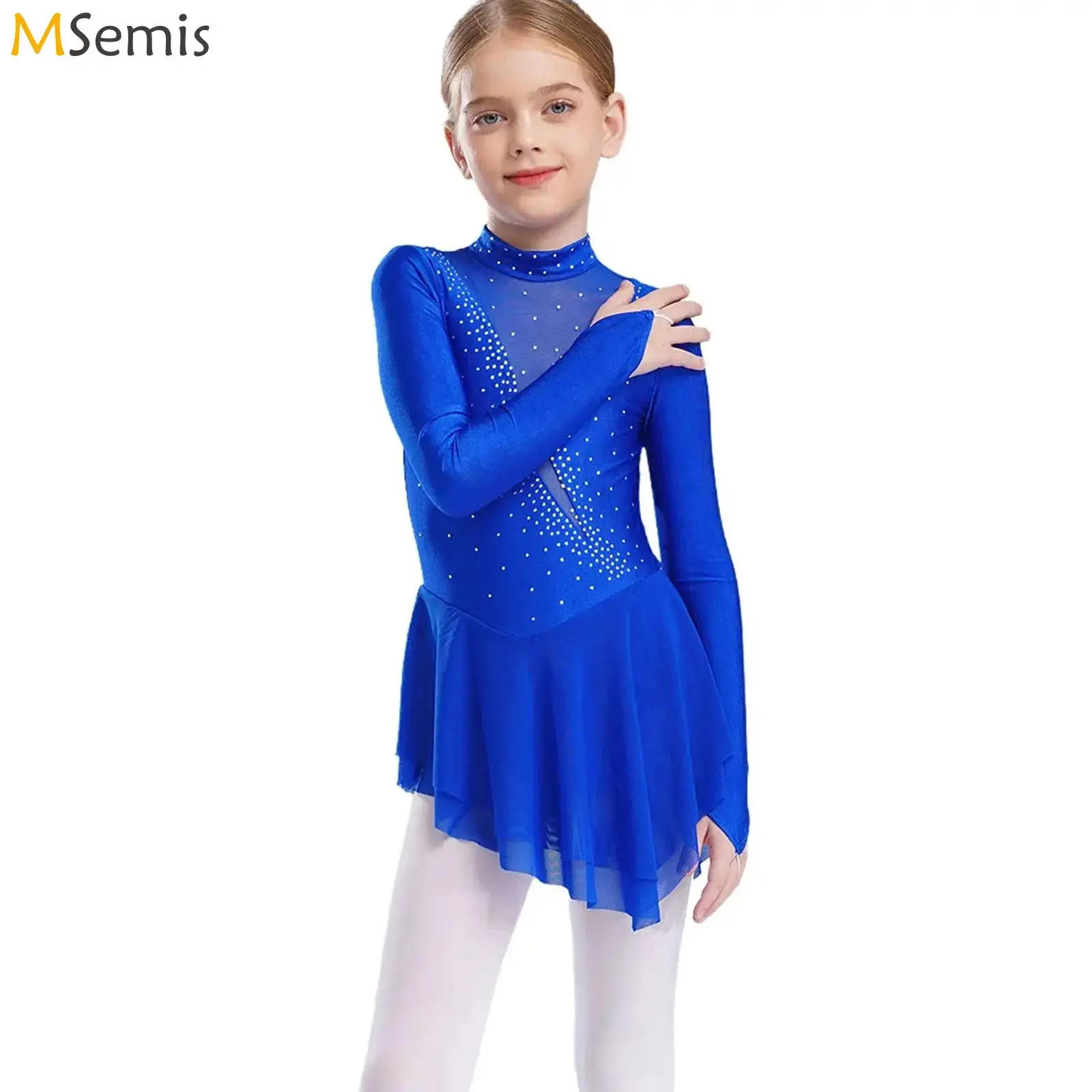 Rhinestone Figure Ice Skating Dress Kids Girls Long Sleeve Mesh Ballet Dance Dress Gymnastics Leotard Performance Dance Costumes