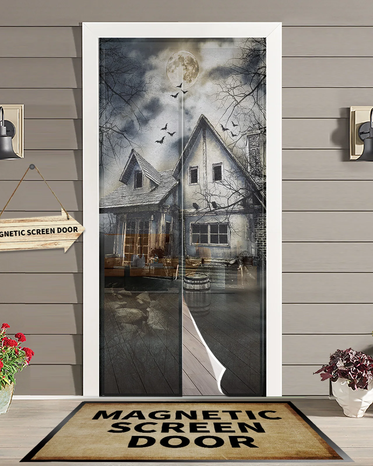 Woods Moon Bat Haunted House Magnetic Mosquito Net Summer Anti Bug Fly Door Curtains Kitchen Screen Door Mesh