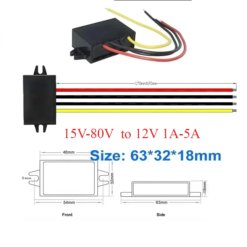 

DC15V-80V 24V 36V 48V 72V Step DOWN to 12V 1A-5A Car Power Supply Voltage inverter DC DC Converter Regulator Module Waterproof