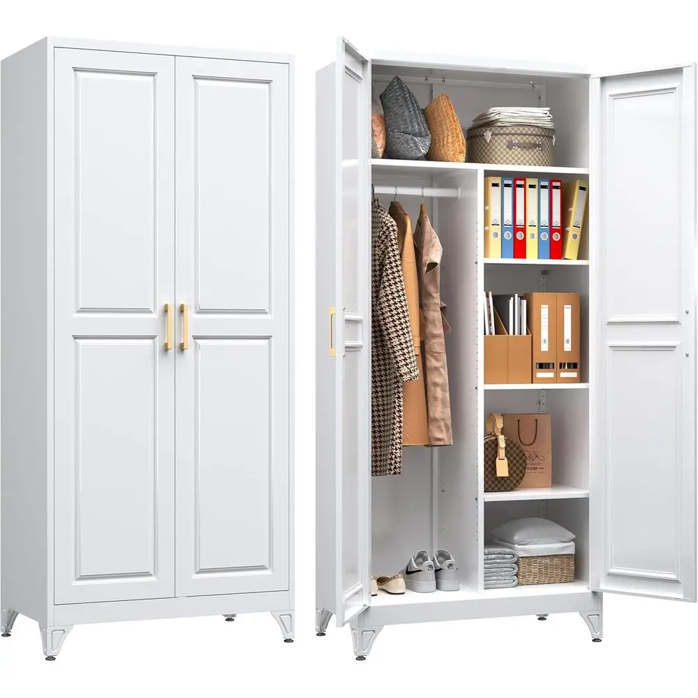 71 Tall White Metal Wardrobe with Hanging Rod and Adjustable Shelves for Home, Office, School, and Gym Storage