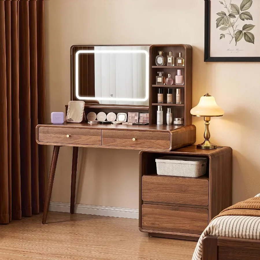 51'' Wood Makeup Vanity Desk with Mirror and Lights, Socket
