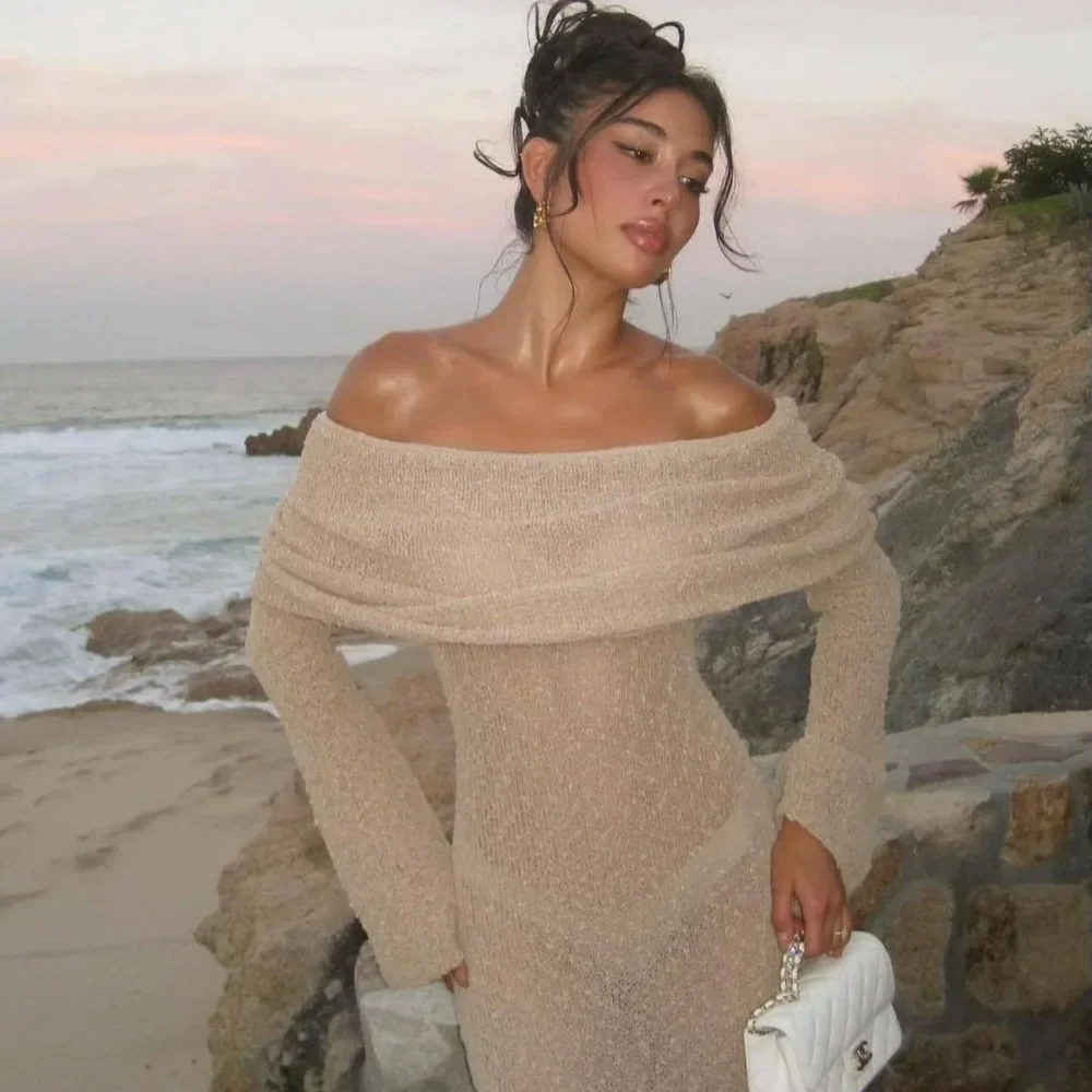 Sexy See Through Knitted Beach Dress Women Fashion Hollow Out Slim Holiday Party Dresses Autumn Off The Shoulder Bikini Cover Up