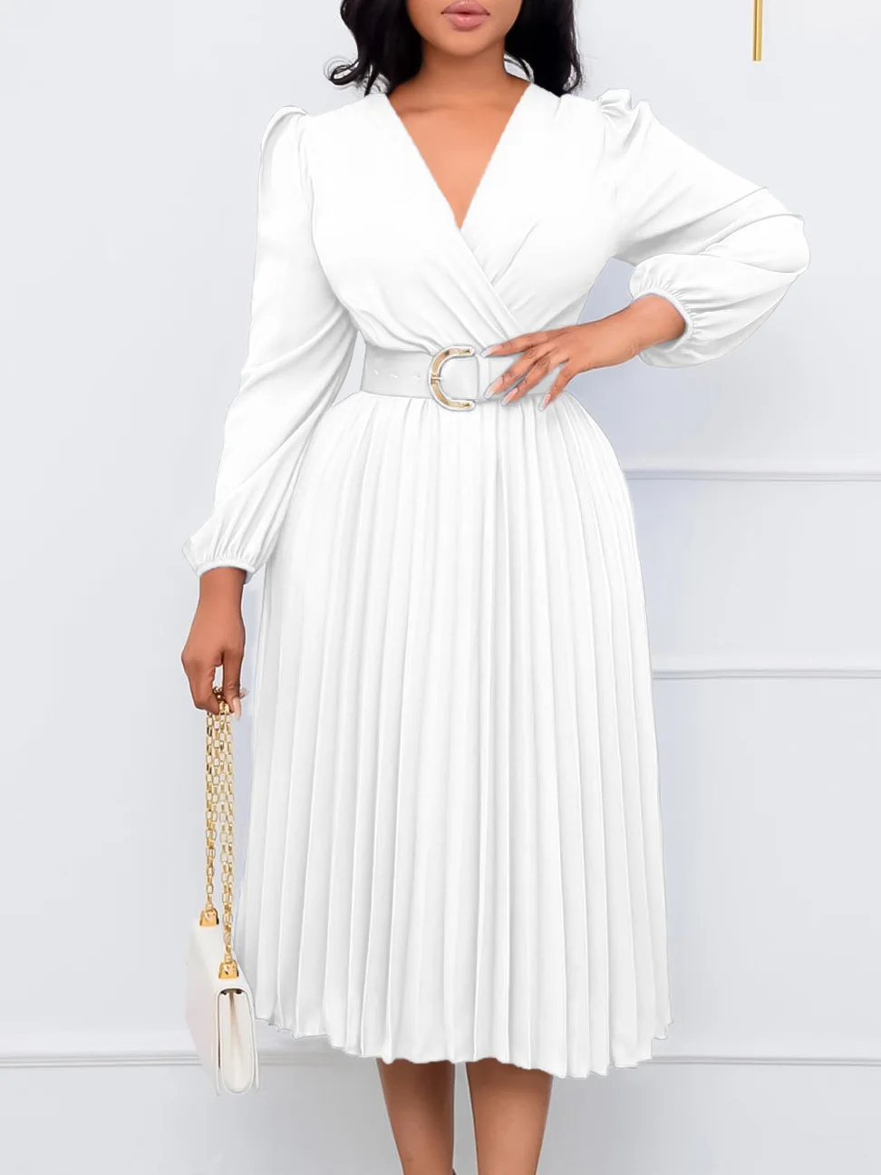 Big size women's 2024 autumn/winter new fashion long-sleeved V-neck pleated mid-length dress