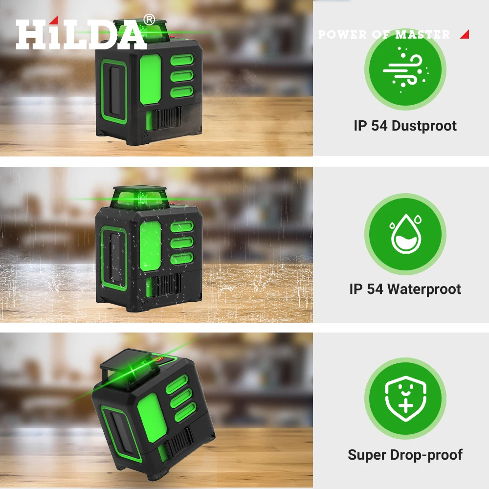 HILDA Laser Level Green 5 Lines Level Ip55 15M Self-Leveling Horizontal & Vertical Cross Super Powerful Measuring Tools ﻿