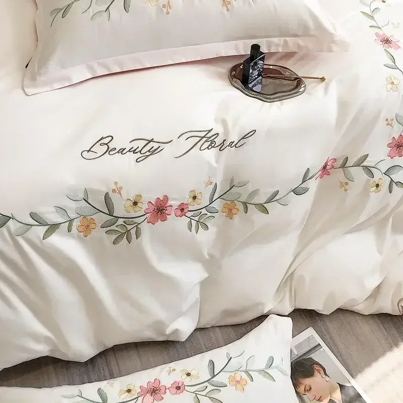 Flower Embroidery Pure Cotton Duvet Cover Set 220x240 High Quality Queen Bedding Set King Size Quilt Cover Set with Sheets Home