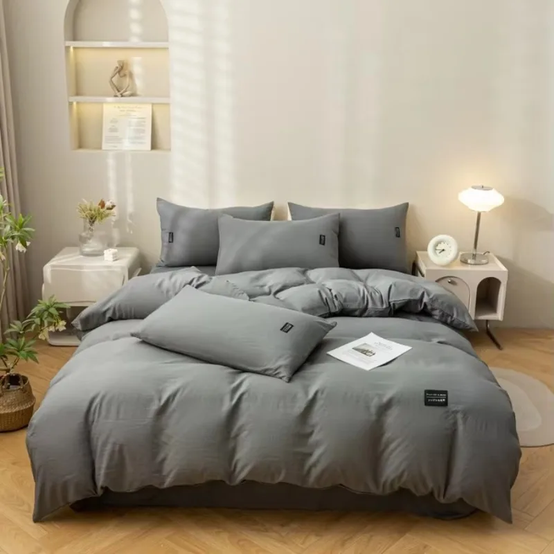 Washed cotton and linen single duvet cover,contrasting color double splicing four piece set, suitable for sleeping naked