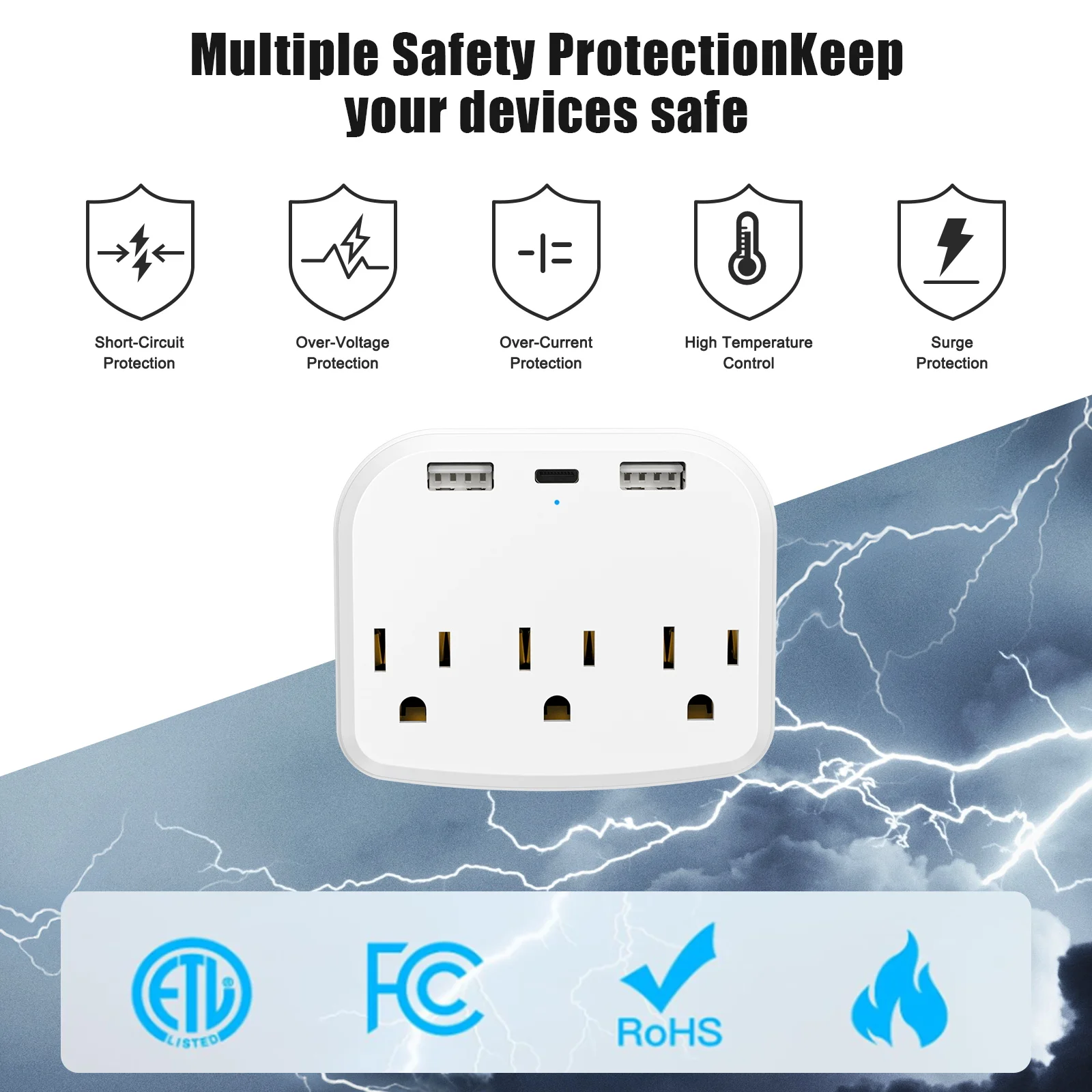 6-in-1 US plug travel conversion socket with 2 sockets 2SUB1Type-c port power extender Canada-Brazil conversion plug
