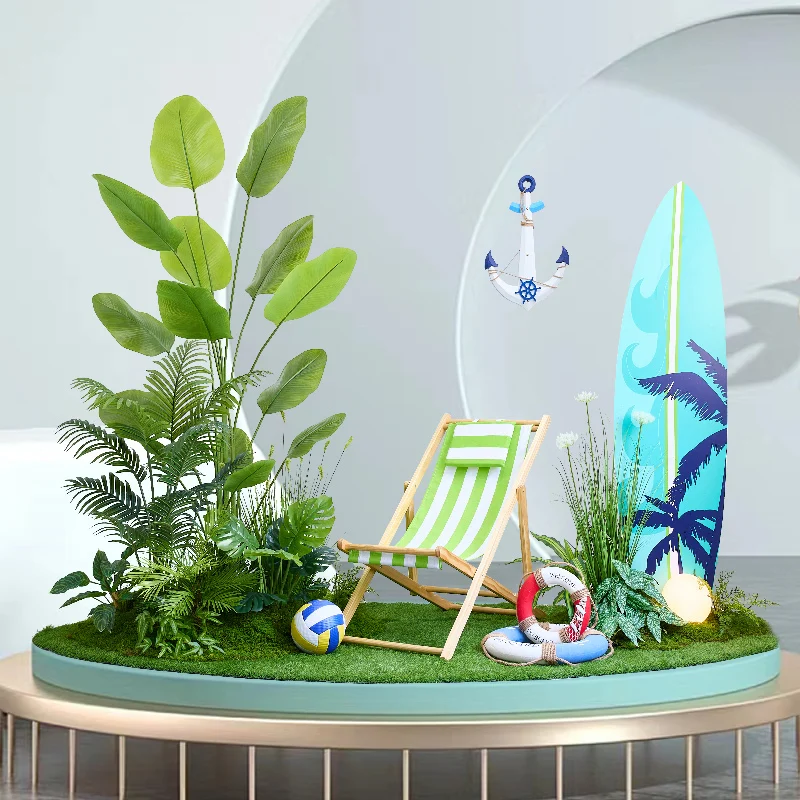 

Simulated green plants summer ocean beach theme landscaping combination surfboard summer wind beautiful window scene arrangement