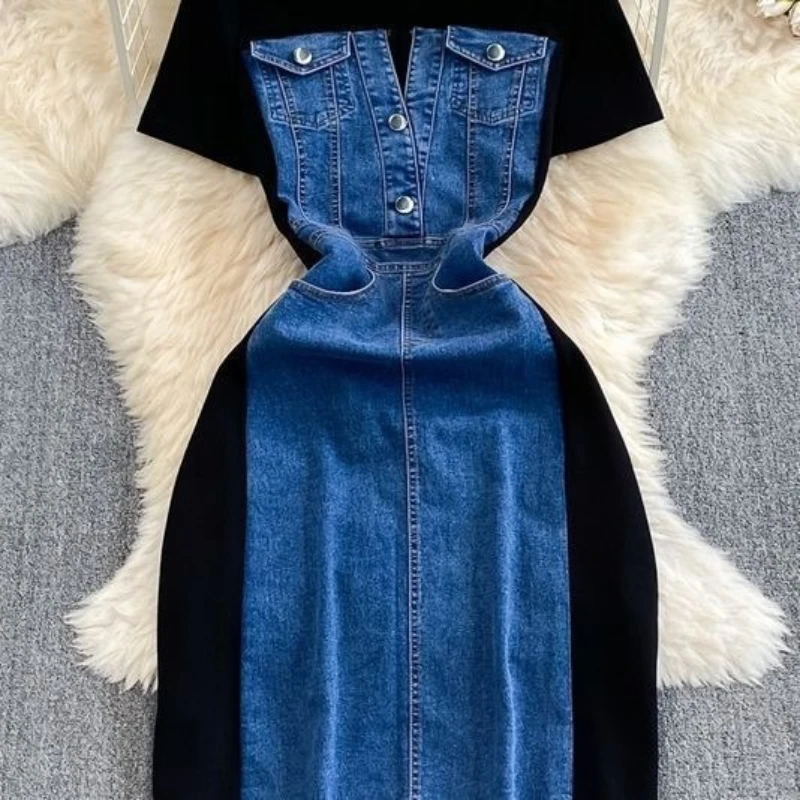 فساتين مثيرة للنساء أنيقة بأكمام قصيرة ورقبة دائرية للتخسيس من قماش الدنيم المرقعة على شكل حرف A فستان كاجوال لحفلات أعياد الميلاد