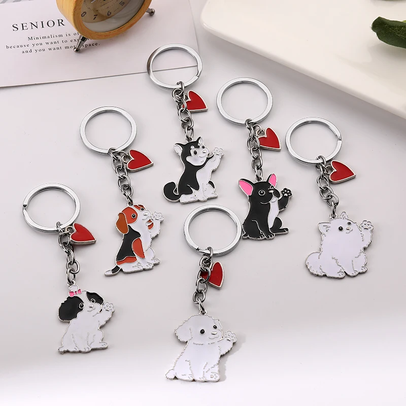 Fashion Pet Memorial Keychain Dog Pendant White Maltese Animal Bell Enamel Keyring Women Bag Jewelry Girls Heart Charm