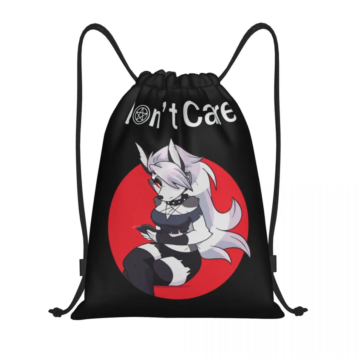 Loona Don't Care Dark Drawstring Backpack Gym Sports Sackpack Water Resistant Helluva Boss Anime String Bags for Working Out