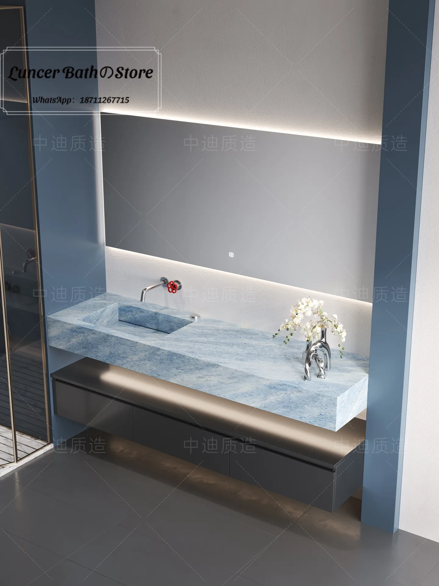 2026 Latest Blue Crystal Onyx Vanity Cabinet, Minimalist Luxury Marble Integrated Basin Bathroom Washbasin Unit