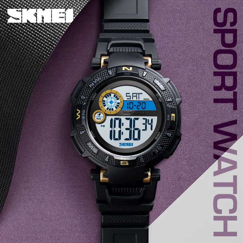 Skmei أنيق وتنوعا ساعة رجالية Skmei تدوير الوجه الدائري مقاوم للماء العد التنازلي الرياضة الإلكترونية ساعة