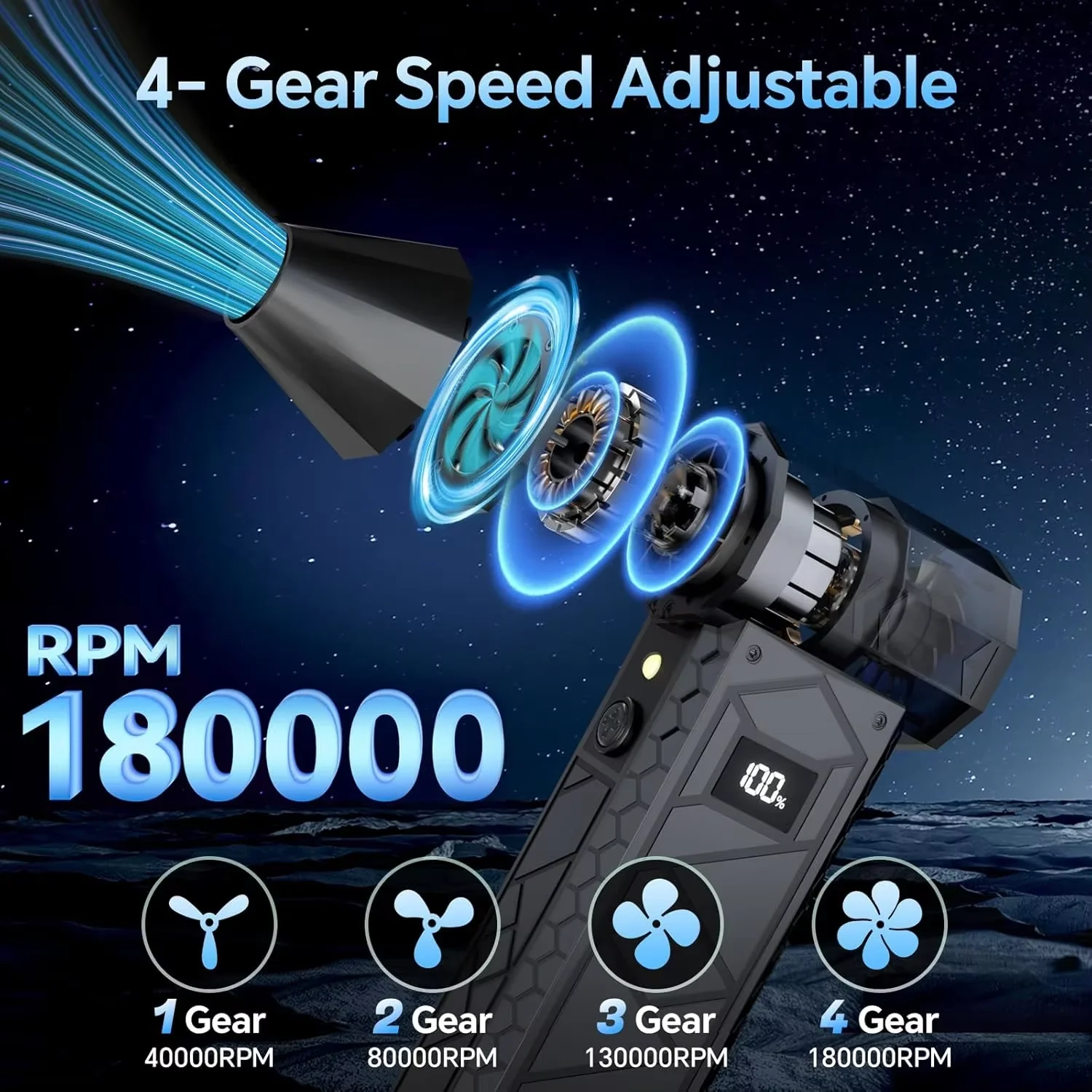 

Беспроводной струйный вентилятор, 180000 об/мин, бесщеточный двигатель, турбоструйный вентилятор, автомобильный пылесос, освещение/цифровой дисплей, уличный портативный вентилятор