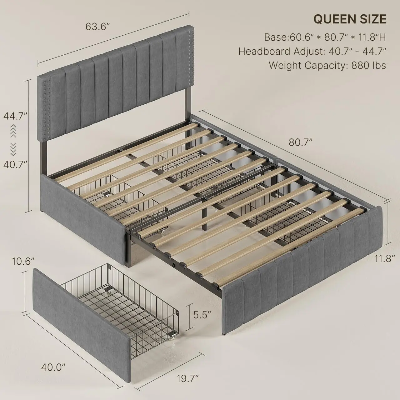 Queen Bed Frames with 4 Storage Drawers on Wheels and Headboard Adjustable, Fits 6