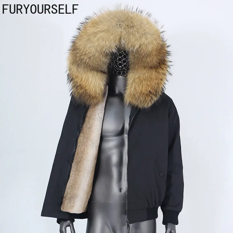 

FURYOURSELF 2023 New Men Bomber Parkas Waterproof Winter Jacket Natural Real Raccoon Fox Fur Coat Collar Hooded Warm Streetwear