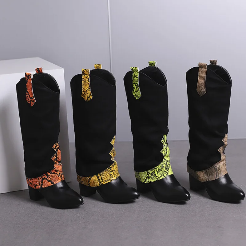 Ethnic Style Snake Scale Pattern Color Blocked Mid-Calf Boots Women Winter Warm with Plush Thick High Heels Western High Boots
